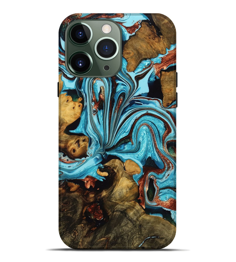 iPhone 13 Pro Max Wood Live Edge Phone Case - Cherie (Teal & Gold, 756979)