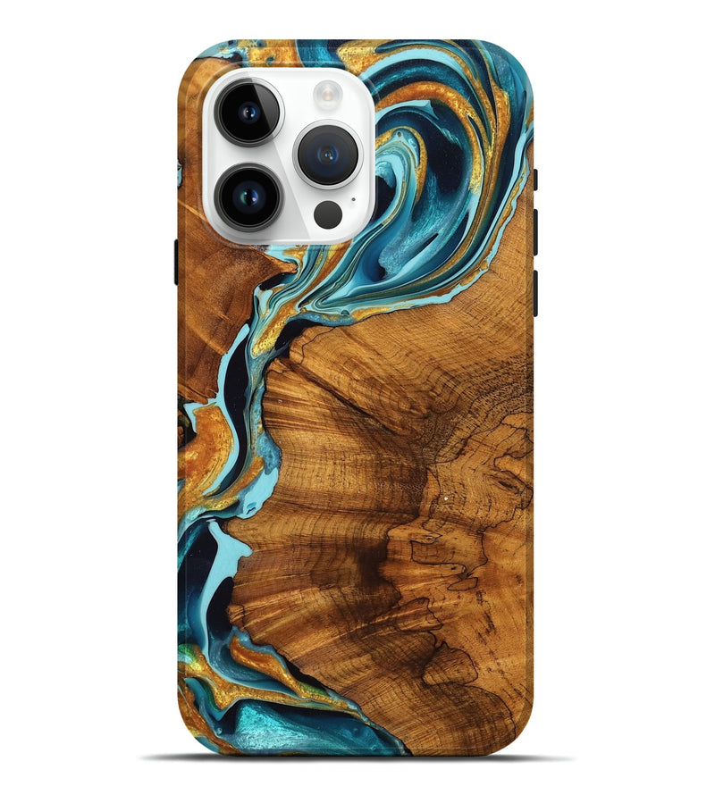 iPhone 15 Pro Max Wood Live Edge Phone Case - Otho (Teal & Gold, 756980)
