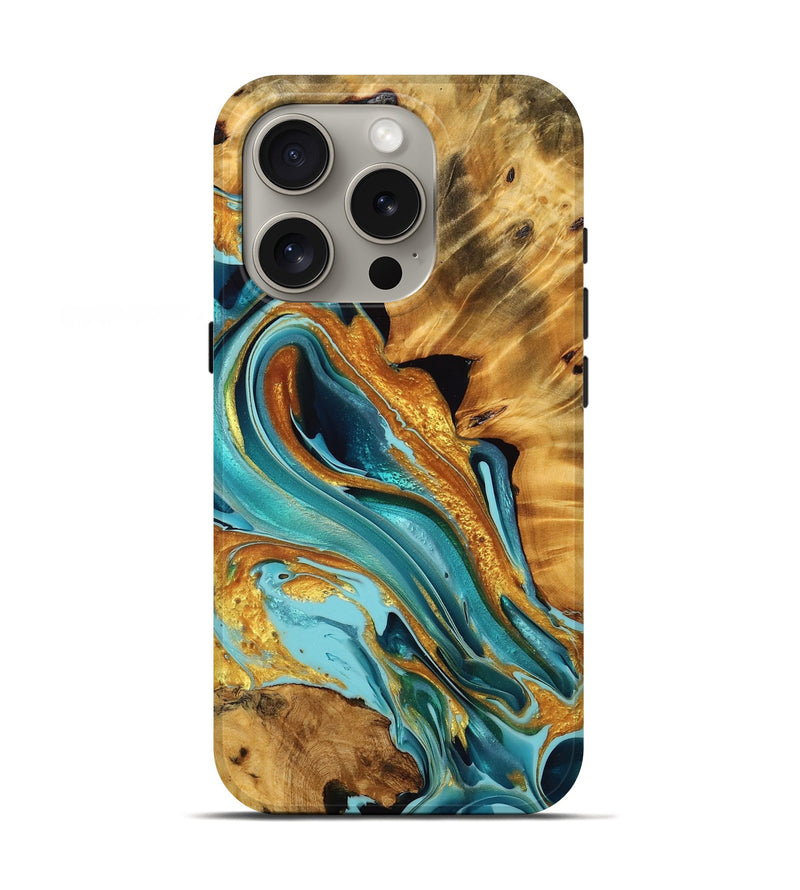 iPhone 16 Pro Wood Live Edge Phone Case - Kahlani (Teal & Gold, 756982)