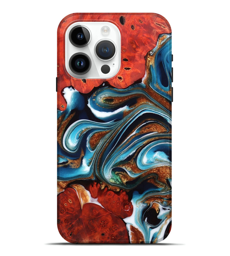 iPhone 15 Pro Max Wood Live Edge Phone Case - Leonora (Teal & Gold, 756996)