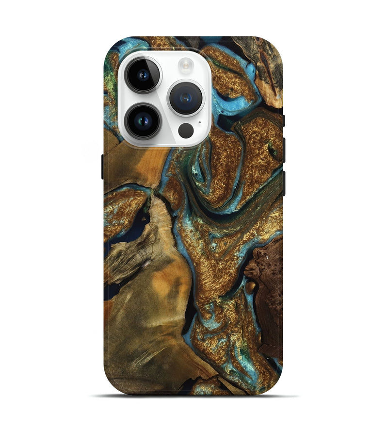 iPhone 15 Pro Wood Live Edge Phone Case - Lorenzo (Teal & Gold, 756999)