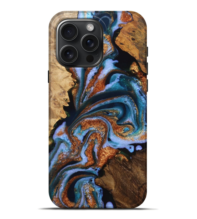 iPhone 16 Pro Max Wood Live Edge Phone Case - Sampson (Teal & Gold, 757000)