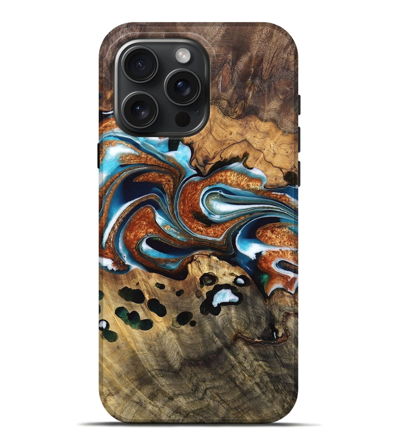 iPhone 16 Pro Max Wood Live Edge Phone Case - Flora (Teal & Gold, 757001)