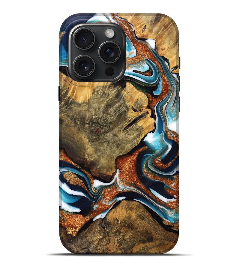 iPhone 16 Pro Max Wood Live Edge Phone Case - Vance (Teal & Gold, 757003)