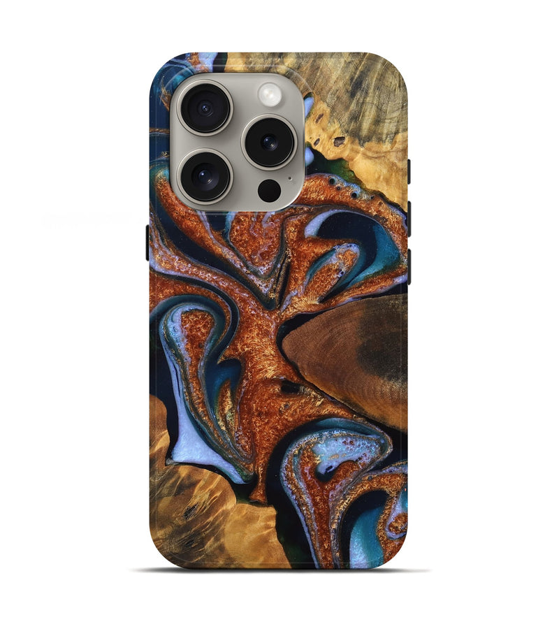 iPhone 16 Pro Wood Live Edge Phone Case - Indie (Teal & Gold, 757005)