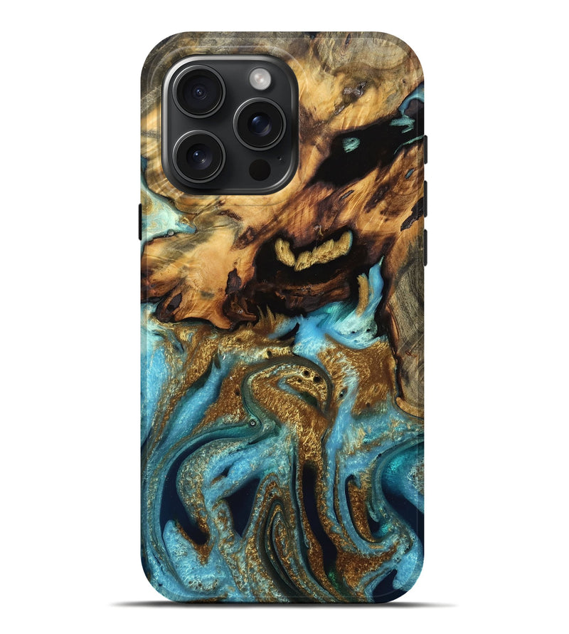 iPhone 16 Pro Max Wood Live Edge Phone Case - Janiah (Teal & Gold, 757006)