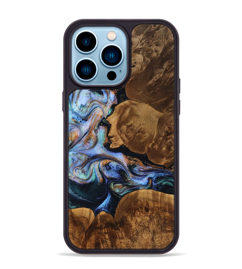 iPhone 14 Pro Max Wood Phone Case - Margret (Teal & Gold, 757336)