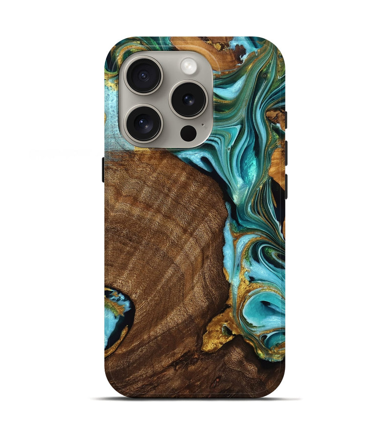 iPhone 16 Pro Wood Live Edge Phone Case - Barry (Teal & Gold, 757423)