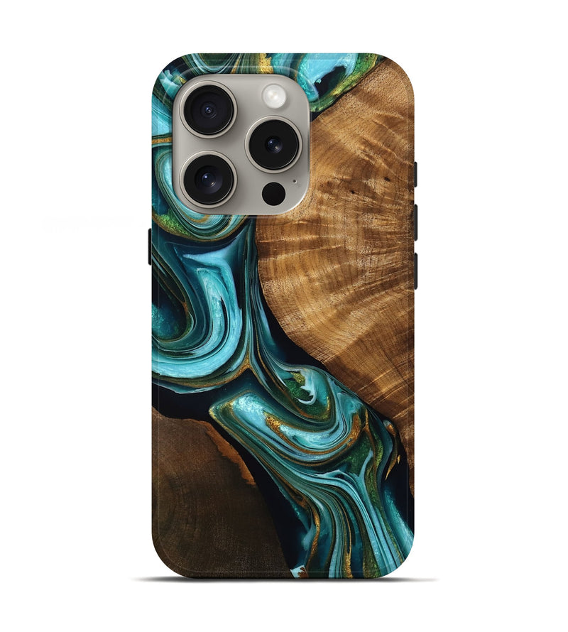 iPhone 16 Pro Wood Live Edge Phone Case - Deacon (Teal & Gold, 757426)