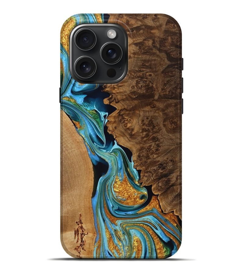 iPhone 16 Pro Max Wood Live Edge Phone Case - Kayla (Teal & Gold, 757428)