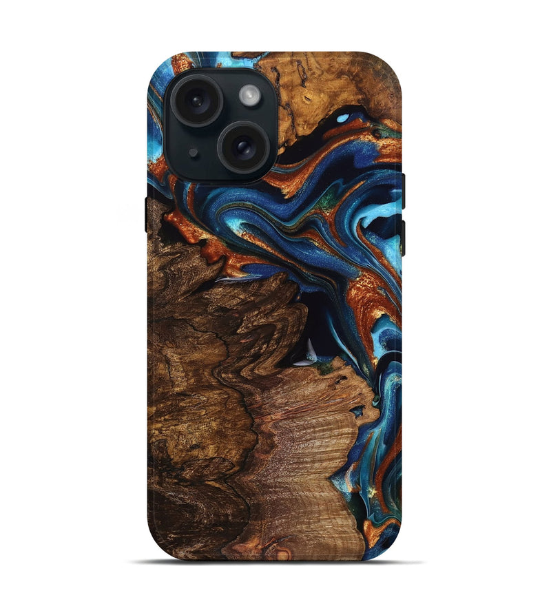 iPhone 15 Wood Live Edge Phone Case - Deion (Teal & Gold, 757431)