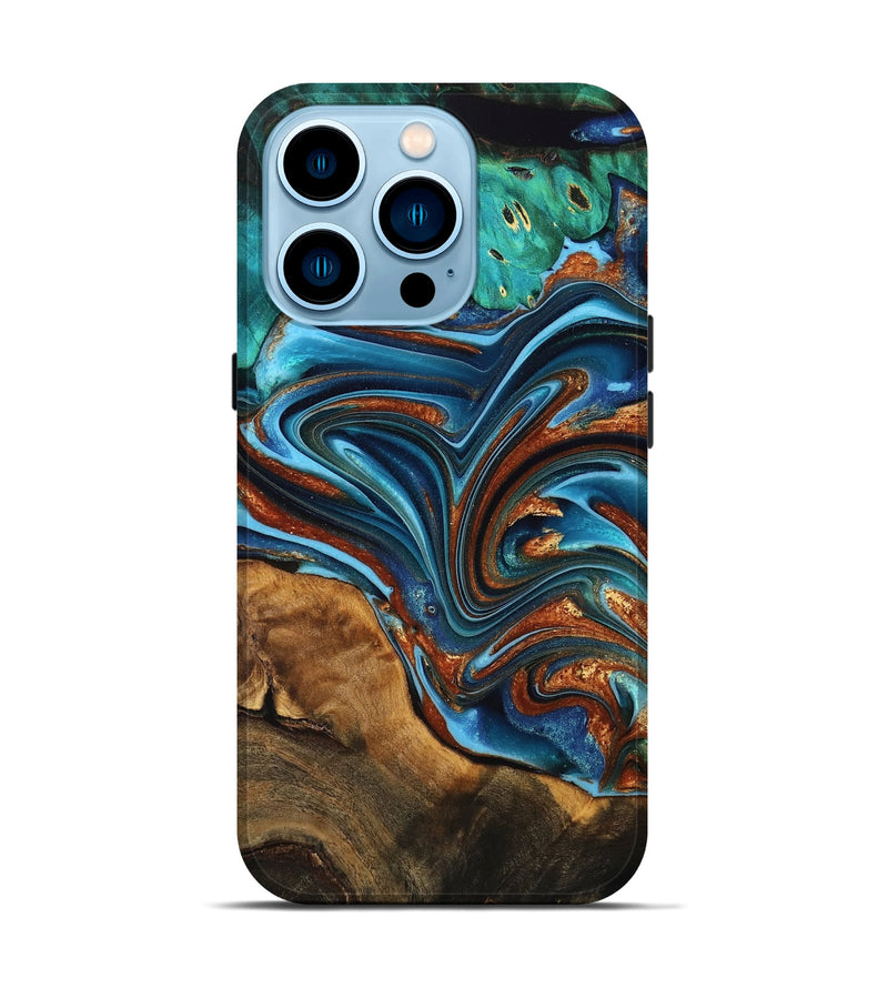 iPhone 14 Pro Wood Live Edge Phone Case - Maia (Teal & Gold, 757432)