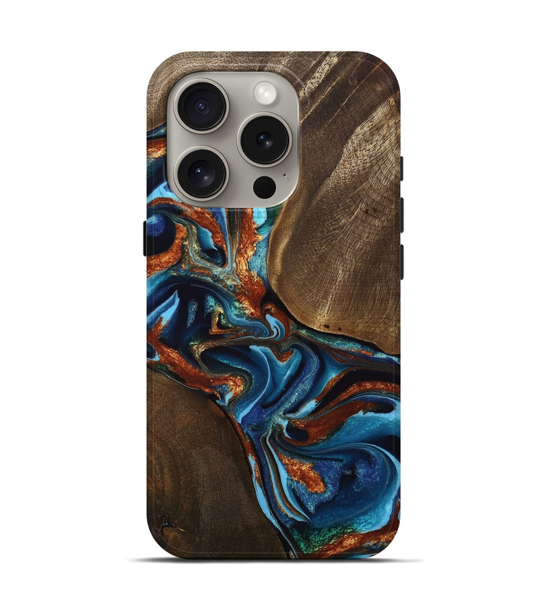 iPhone 16 Pro Wood Live Edge Phone Case - Gertie (Teal & Gold, 757436)