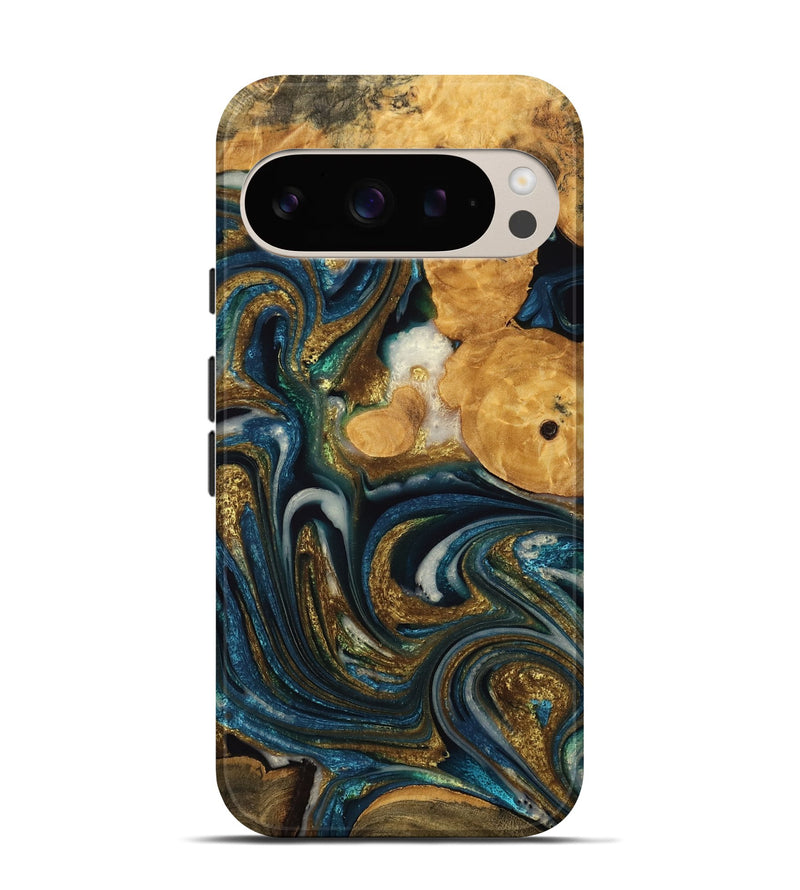 Pixel 9 Wood Live Edge Phone Case - Hoyt (Teal & Gold, 757439)