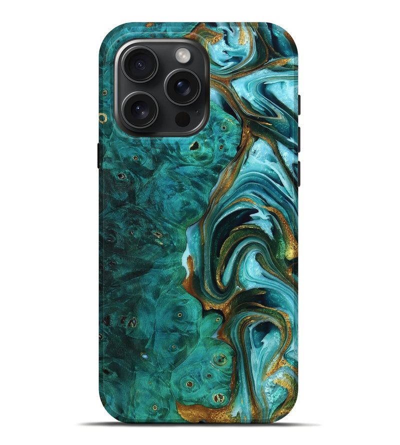 iPhone 16 Pro Max Wood Live Edge Phone Case - Ruthann (Teal & Gold, 757440)