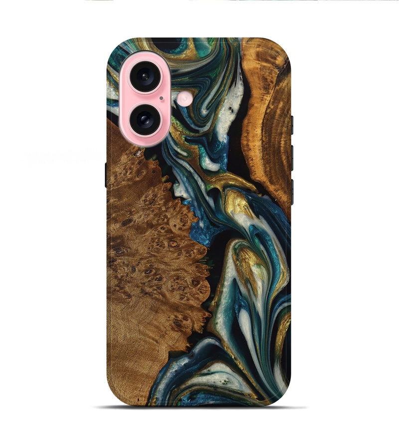 iPhone 16 Wood Live Edge Phone Case - Rusty (Teal & Gold, 757442)
