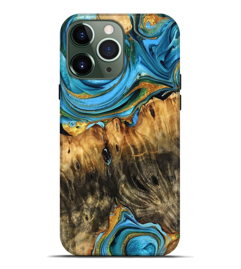 iPhone 13 Pro Max Wood Live Edge Phone Case - Bobbi (Teal & Gold, 757443)