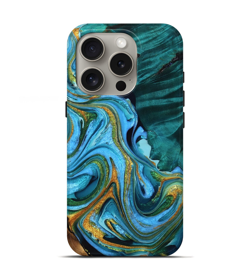 iPhone 16 Pro Wood Live Edge Phone Case - Nayeli (Teal & Gold, 757444)