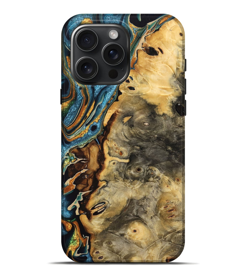 iPhone 16 Pro Max Wood Live Edge Phone Case - Francis (Teal & Gold, 757873)