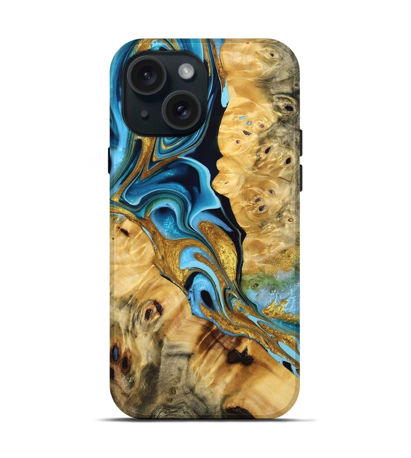 iPhone 15 Wood Live Edge Phone Case - Kaia (Teal & Gold, 757895)