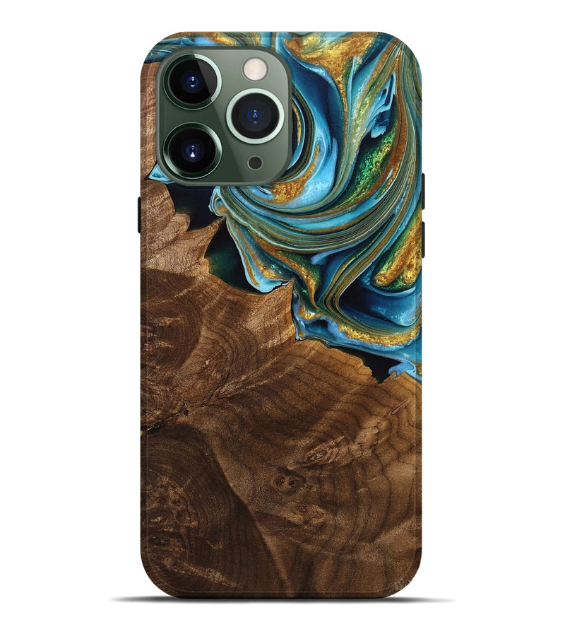 iPhone 13 Pro Max Wood Live Edge Phone Case - Brock (Teal & Gold, 757901)