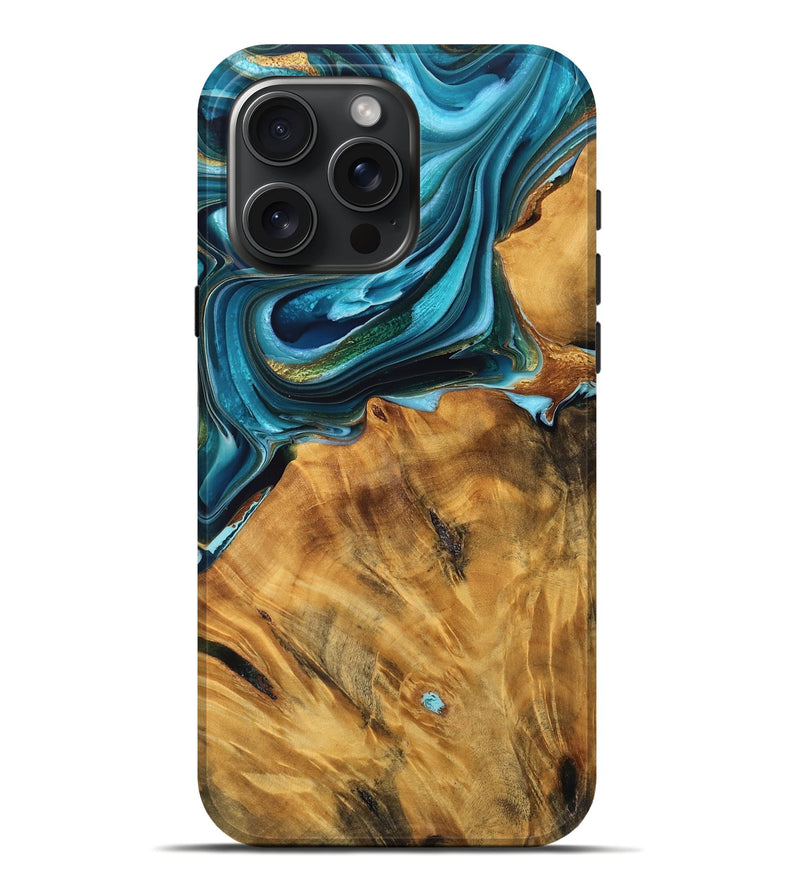 iPhone 16 Pro Max Wood Live Edge Phone Case - Sydnie (Teal & Gold, 758644)
