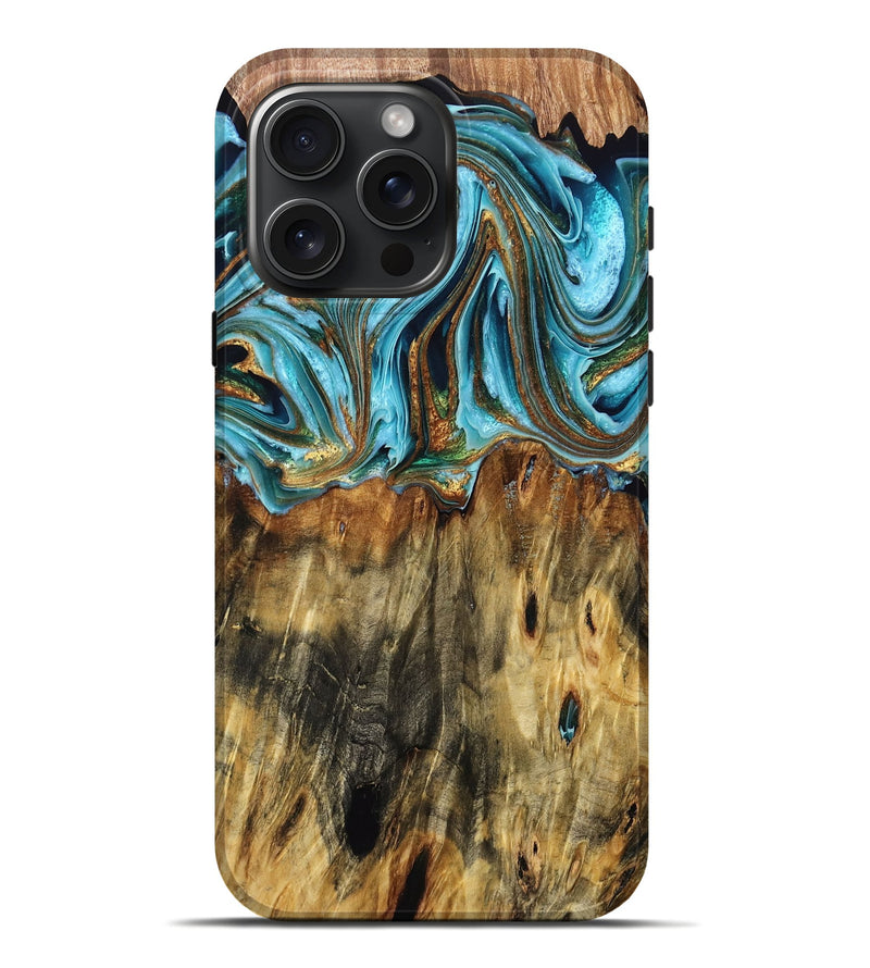 iPhone 16 Pro Max Wood Live Edge Phone Case - Marco (Teal & Gold, 758645)