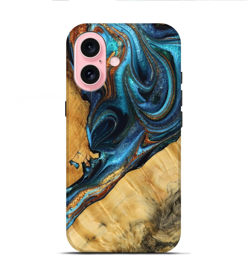 iPhone 16 Wood Live Edge Phone Case - Adriane (Teal & Gold, 758662)