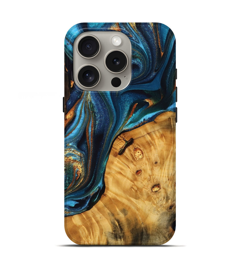 iPhone 16 Pro Wood Live Edge Phone Case - Dian (Teal & Gold, 758667)