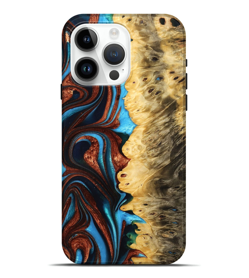 iPhone 15 Pro Max Wood Live Edge Phone Case - Colette (Teal & Gold, 758990)