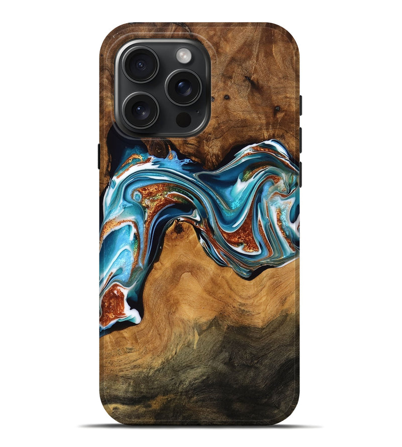 iPhone 16 Pro Max Wood Live Edge Phone Case - Tisha (Teal & Gold, 758992)