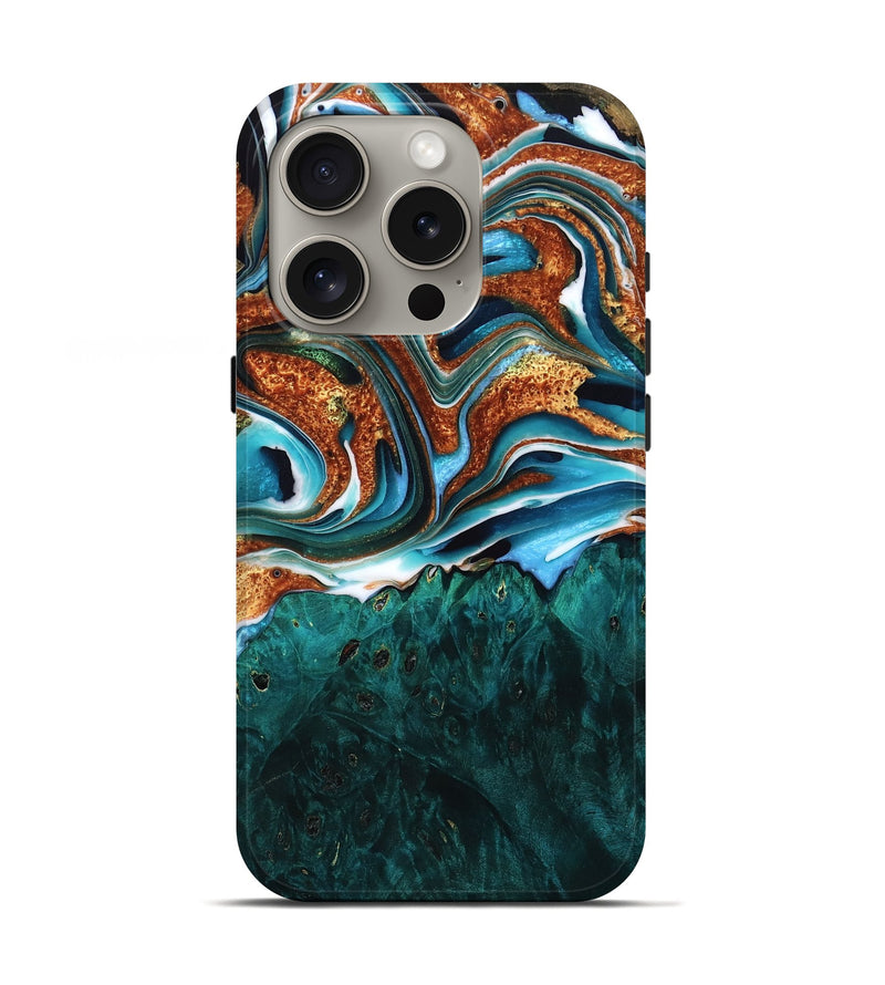 iPhone 16 Pro Wood Live Edge Phone Case - Rowena (Teal & Gold, 758999)