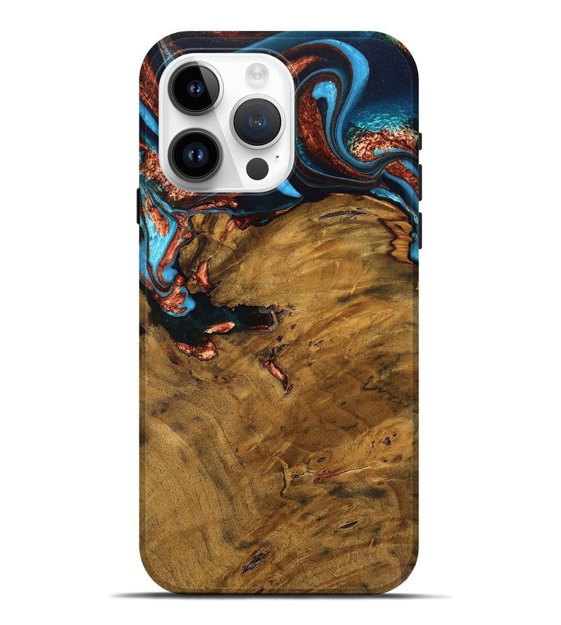 iPhone 15 Pro Max Wood Live Edge Phone Case - Savana (Teal & Gold, 759000)