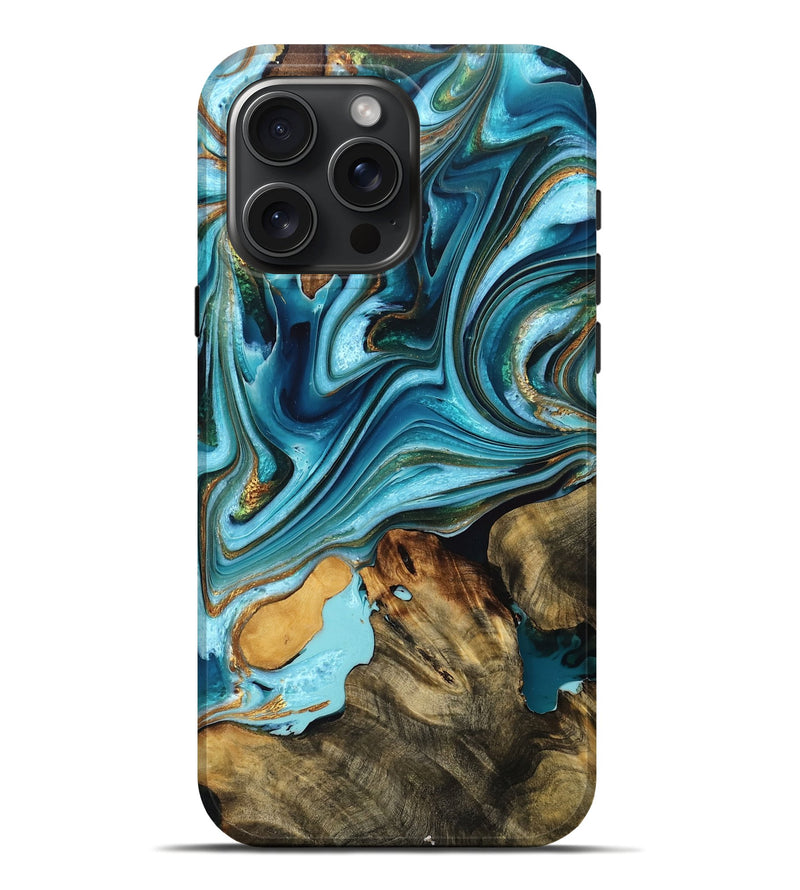 iPhone 16 Pro Max Wood Live Edge Phone Case - Jules (Teal & Gold, 759297)
