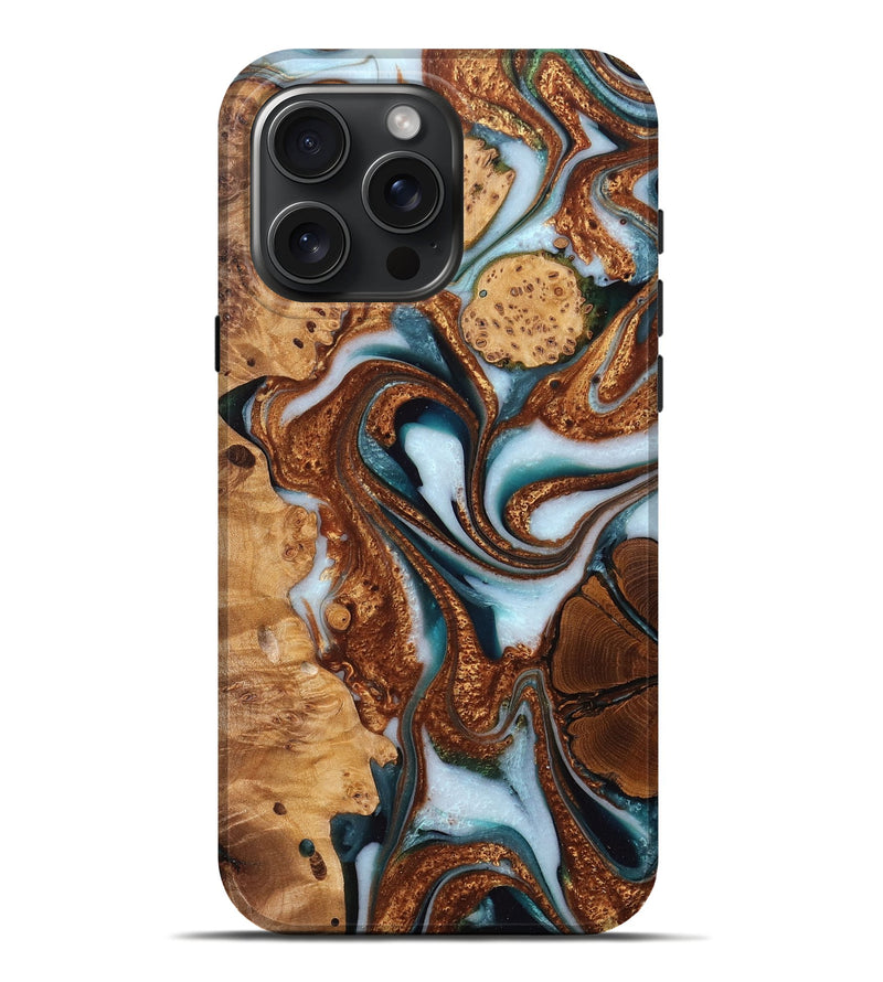 iPhone 16 Pro Max Wood Live Edge Phone Case - Emanuel (Teal & Gold, 759316)