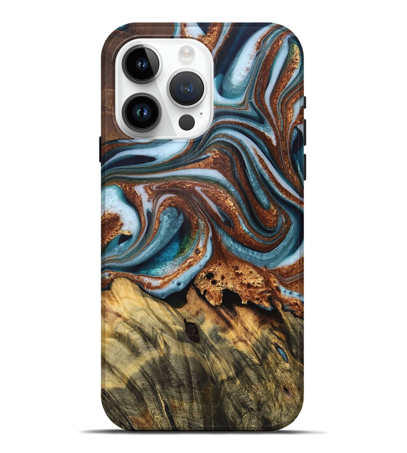 iPhone 15 Pro Max Wood Live Edge Phone Case - Gerardo (Teal & Gold, 759323)