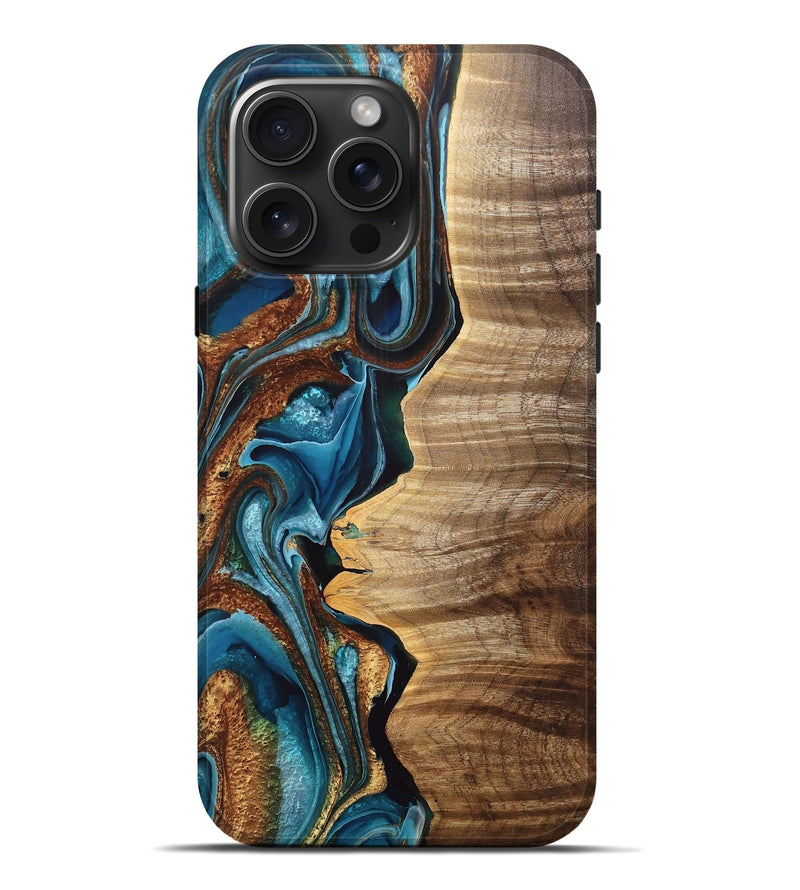 iPhone 16 Pro Max Wood Live Edge Phone Case - Astrid (Teal & Gold, 759656)