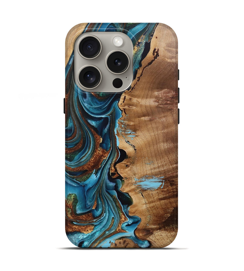 iPhone 16 Pro Wood Live Edge Phone Case - Leland (Teal & Gold, 759657)