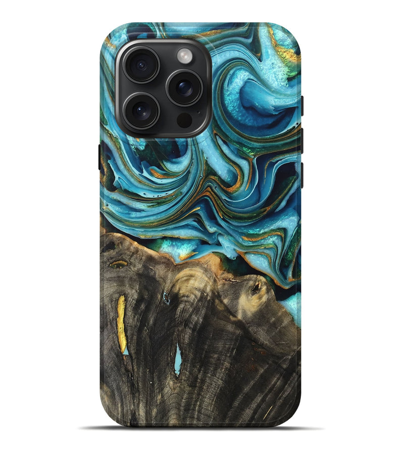 iPhone 16 Pro Max Wood Live Edge Phone Case - Karie (Teal & Gold, 759658)