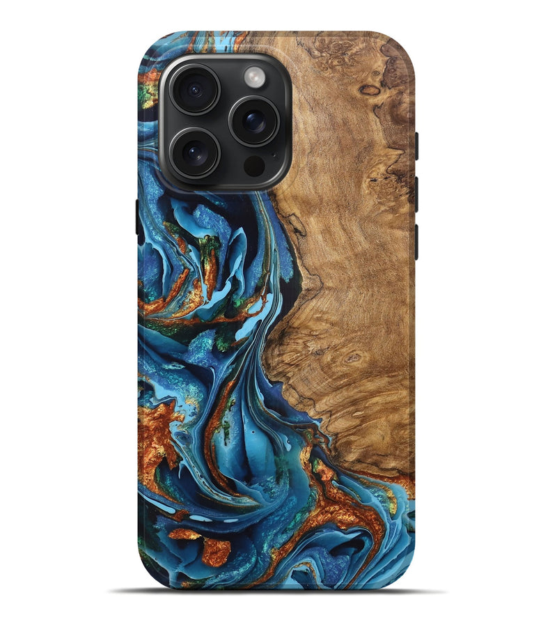 iPhone 16 Pro Max Wood Live Edge Phone Case - Odell (Teal & Gold, 759666)