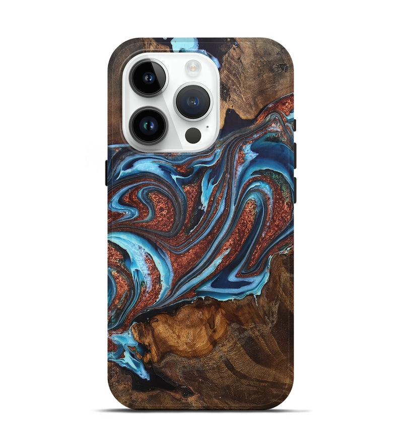 iPhone 15 Pro Wood Live Edge Phone Case - Geri (Teal & Gold, 759668)