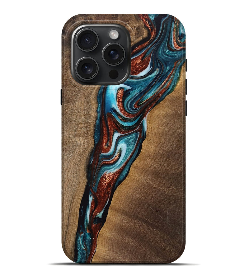 iPhone 16 Pro Max Wood Live Edge Phone Case - Kirstin (Teal & Gold, 760610)