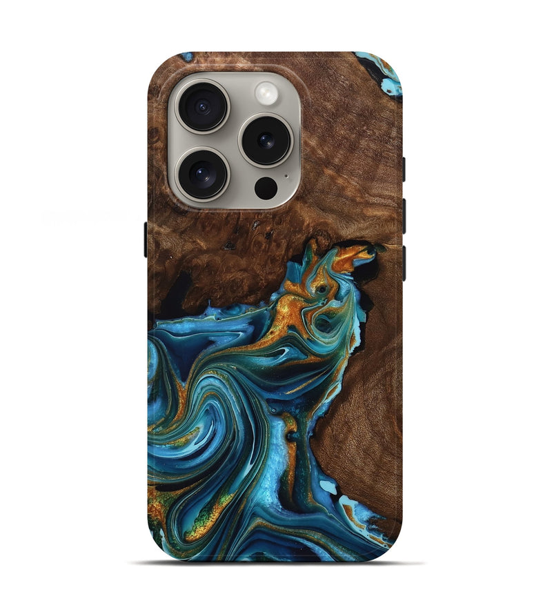 iPhone 16 Pro Wood Live Edge Phone Case - Dora (Teal & Gold, 760616)