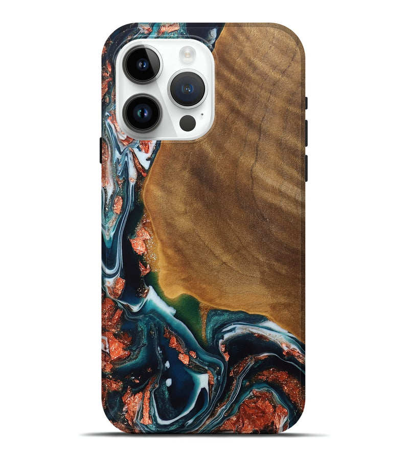 iPhone 15 Pro Max Wood Live Edge Phone Case - Chelsi (Teal & Gold, 760620)