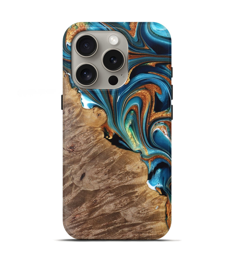 iPhone 16 Pro Wood Live Edge Phone Case - Briggs (Teal & Gold, 760621)