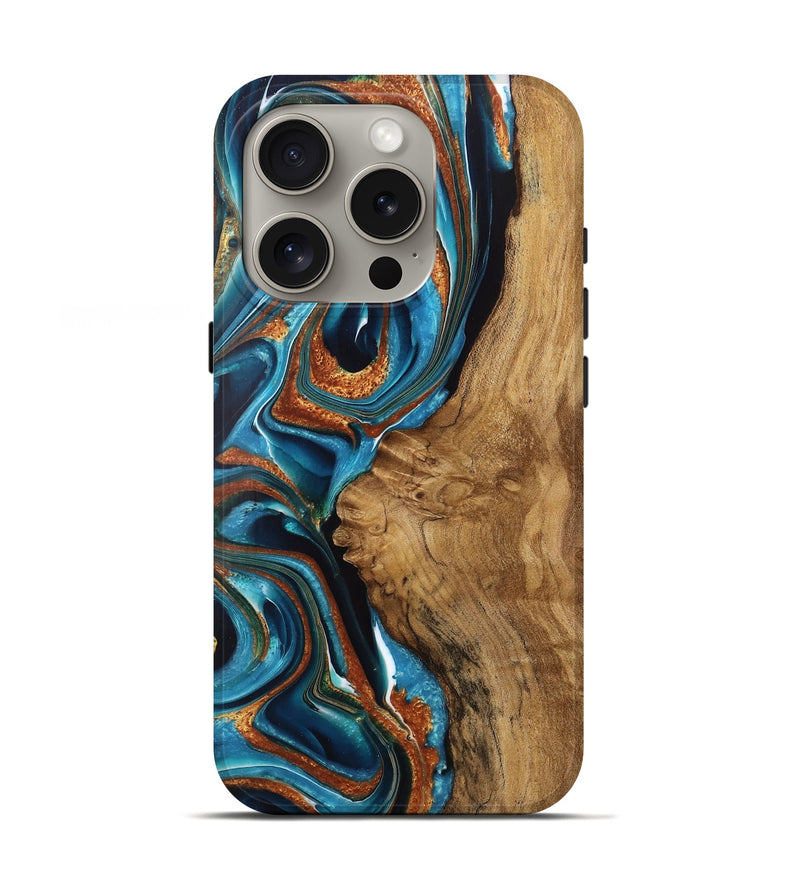 iPhone 16 Pro Wood Live Edge Phone Case - Lanny (Teal & Gold, 760622)