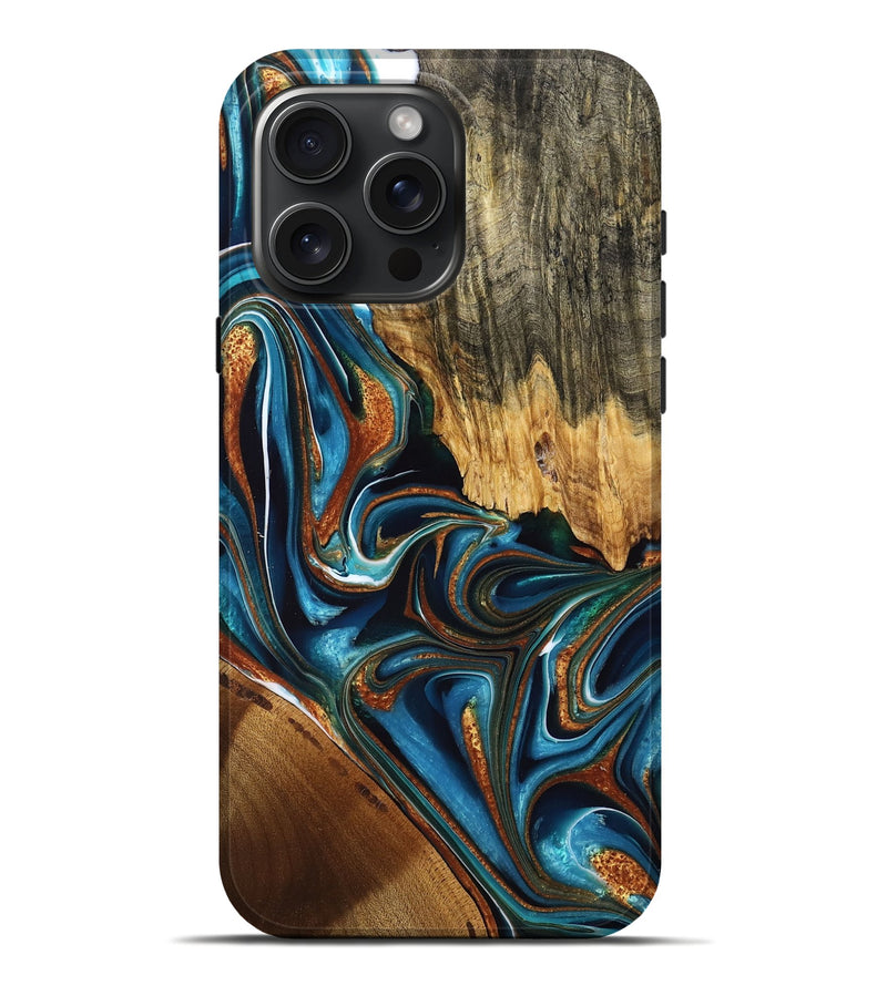 iPhone 16 Pro Max Wood Live Edge Phone Case - Dave (Teal & Gold, 760624)