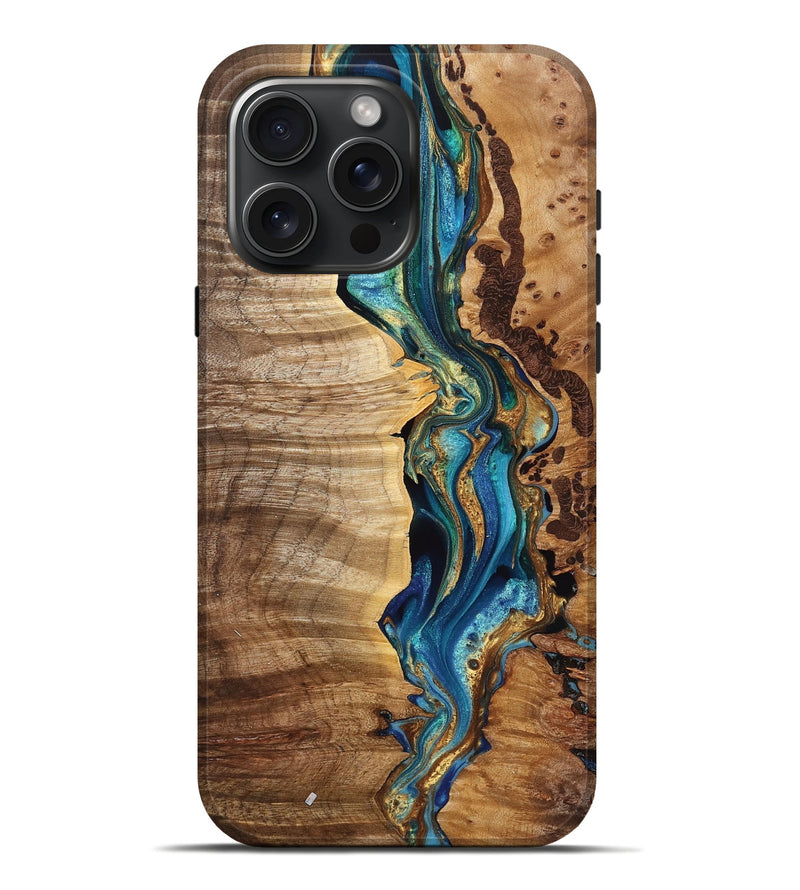 iPhone 16 Pro Max Wood Live Edge Phone Case - Moshe (Teal & Gold, 760625)