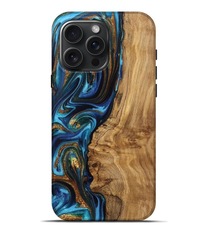 iPhone 16 Pro Max Wood Live Edge Phone Case - Ward (Teal & Gold, 760627)
