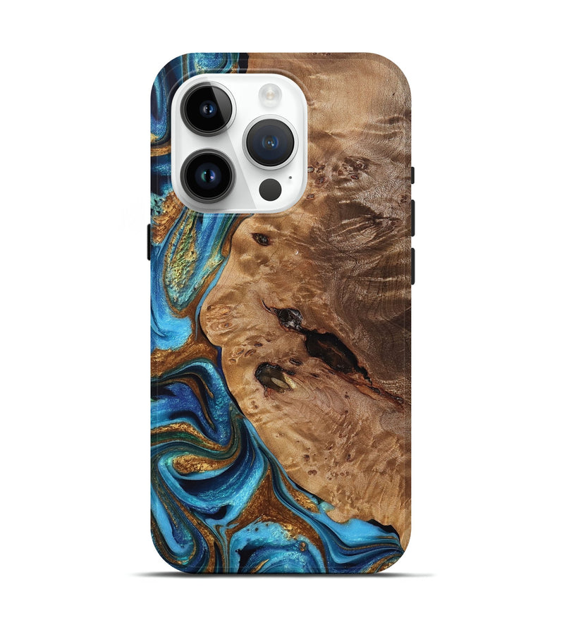 iPhone 15 Pro Wood Live Edge Phone Case - Loraine (Teal & Gold, 760628)